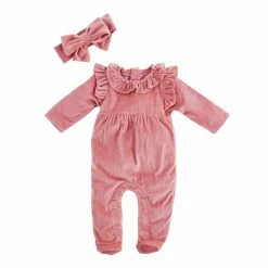 Best Pirce ⭐ Mud Pie Baby 👧 Girls Newborn-9 Months Long-Sleeve Ribbed Velour Footed Coverall Pink 🥰