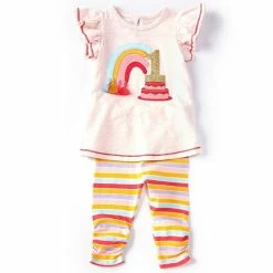 Best deal ⌛ Mud Pie Baby 👧 Girls 12-18 Months Flutter-Sleeve 1st 🎂 Birthday Applique Tunic & Striped Ruched Hem Leggings Set Pink Multi 🎁