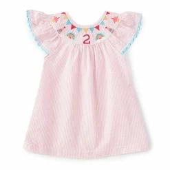 Best deal 😉 Mud Pie Toddler 👧 Girls Flutter-Sleeve 2nd 🎂 Birthday Embroidered Seersucker Gingham Smocked 👗 Dress Pink 🥰