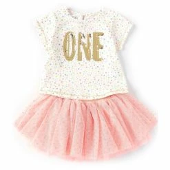Best Pirce 👏 Mud Pie Baby 👧 Girls 12-18 Months Short-Sleeve First 🎂 Birthday Dotted Tee & Sequin Tutu Set Pink/cream/gold 🥰