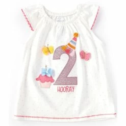 Wholesale 🥰 Mud Pie Little 👧 Girls 2T Flutter-Sleeve Glitter 2nd 🥳 Birthday Dotted Tunic Top White Multi ⭐