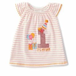 Hot Sale 🌟 Mud Pie Baby 👧 Girls 12-18 Months Pom Flutter-Sleeve 1st 🎂 Birthday Striped Tunic Top Pink ⭐