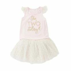 Discount 😍 Mud Pie Little 👧 Girls 2T 2nd 🎂 Birthday Tank & Glitter Dot Mesh Tutu 2-PIece Set Pink/ivory/gold 👏