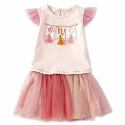 Best Pirce 👍 Mud Pie Baby 👧 Girls 12-18 Months Flutter-Sleeve One 🎂 Birthday Tunic & Glitter Mesh Tutu Set Pink 😍