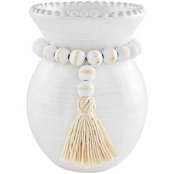 Cheap 🥰 Mud Pie Classic Home Collection White Etched Bead With Decor Tassel Glazed Vase 🛒