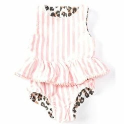 Budget ❤️ Mud Pie Baby 👧 Girls 3-18 Months Leopard To Stripe Reversible Two-Piece Peplum 🩱 Swimsuit & Bow Headband Set Brown Leopard/pink Stripe 🎁 -Mud Pie Store unnamed file 677
