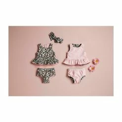 Budget ❤️ Mud Pie Baby 👧 Girls 3-18 Months Leopard To Stripe Reversible Two-Piece Peplum 🩱 Swimsuit & Bow Headband Set Brown Leopard/pink Stripe 🎁 -Mud Pie Store unnamed file 679