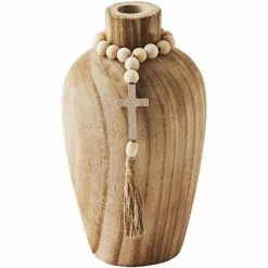 Cheapest ⭐ Mud Pie White House Collection Wood Bead With Cross Charm Vase Dark Beige 🛒