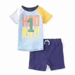 Best deal 🎉 Mud Pie Baby Boys 12-18 Months Raglan Short-Sleeve Hooray #double;1#double; Applique Speckle Tee & Shorts Set Blue 🤩