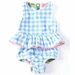 Cheapest ⌛ Mud Pie Baby 👧 Girls 3-18 Months Hydrangea/Gingham Reversible Two-Piece 🩱 Swimsuit & Headband Set Blue/pink 🔔 -Mud Pie Store unnamed file 726