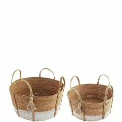 Discount 🔔 Mud Pie Happy Everything Collection Round Seagrass Basket Set With Handles Dark Beige 😀 -Mud Pie Store unnamed file 729