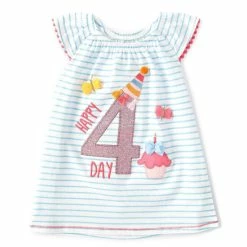 Hot Sale 😍 Mud Pie Little 👧 Girls 4T Flutter-Sleeve 4th 🎂 Birthday Striped Tunic Top Blue Stripe 🔥