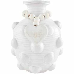 Best Pirce ✔️ Mud Pie Classic Home Collection White Etched Bead Decor With Heart Pendant Glazed Vase 👍