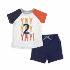 Best Sale ✨ Mud Pie Little Boys 2T Raglan Short-Sleeve Yay #double;2#double; 🎂 Birthday Applique Tee & Shorts Set Blue Multi 😉