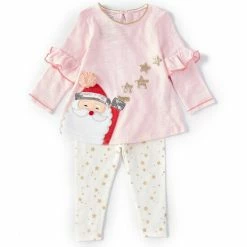 Wholesale 🥰 Mud Pie Baby/Little 👧 Girls 3 Months-5T Long-Sleeve Santa-Applique Tunic Top & Solid Leggings 2-Piece Set Pink ✔️