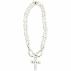 Deals ⭐ Mud Pie Wedding Collection White Etched Bead Decor With Cross Pendant 🎁