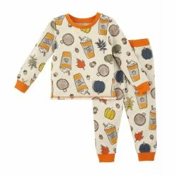 Discount 🎁 Mud Pie Baby/Little Kids 9 Months-5T Pumpkin Spice Latte Printed Long-Sleeve Pajama Tee & Matching Pajama Pant Set Orange 💯