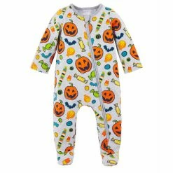 New 😀 Mud Pie Baby Boys Newborn-9 Months 🦇 Halloween 🍬 Candy Printed Long-Sleeve Footed Coverall Grey ⭐