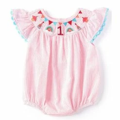 Best Sale 💯 Mud Pie Baby 👧 Girls 12-18 Months Flutter-Sleeve 1st 🥳 Birthday Embroidered Smocked Seersucker Stripe Bodysuit Pink ⌛